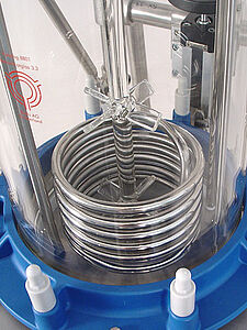 Glass stirrers and internal cooling coil