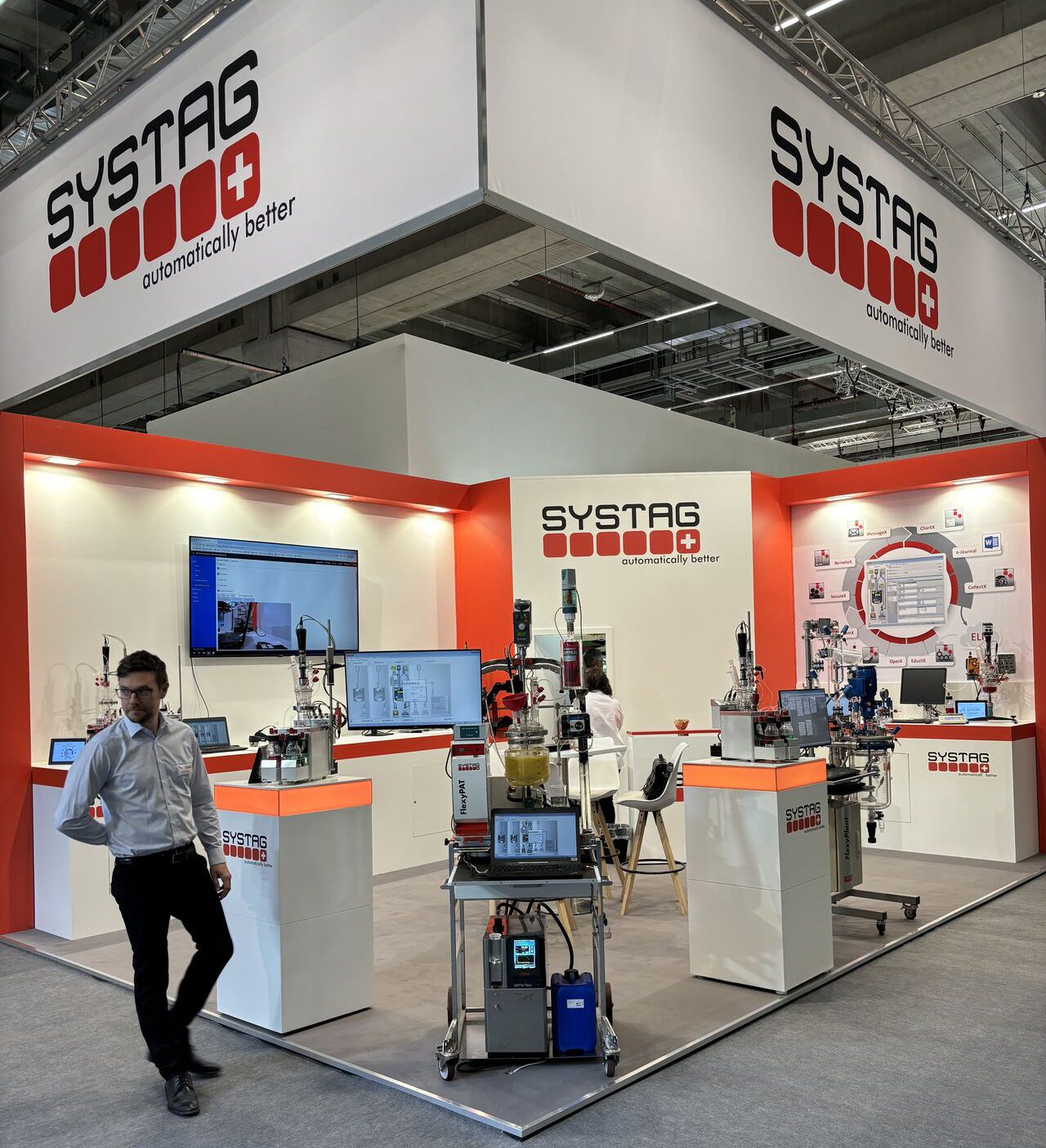 Systag automated lab reactor dosing Campari and orange juice at the exhibition